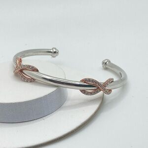 Sterling Silver Rose Gold Plated X Design CZ Stone Cuff Bracelet 6.5” C / 2.1” D